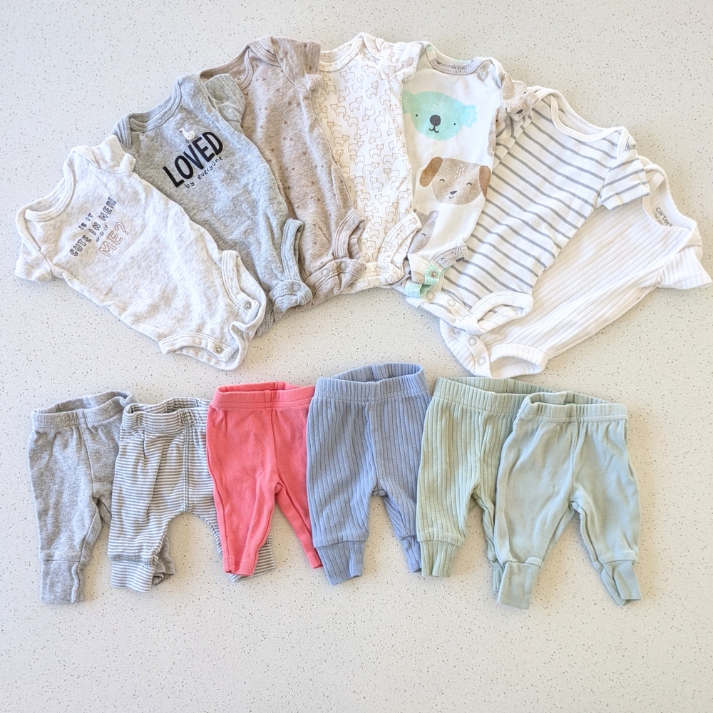 13 Piece Bundle - Neutral and Pastel Baby Pants & Short Sleeve Bodysuits
